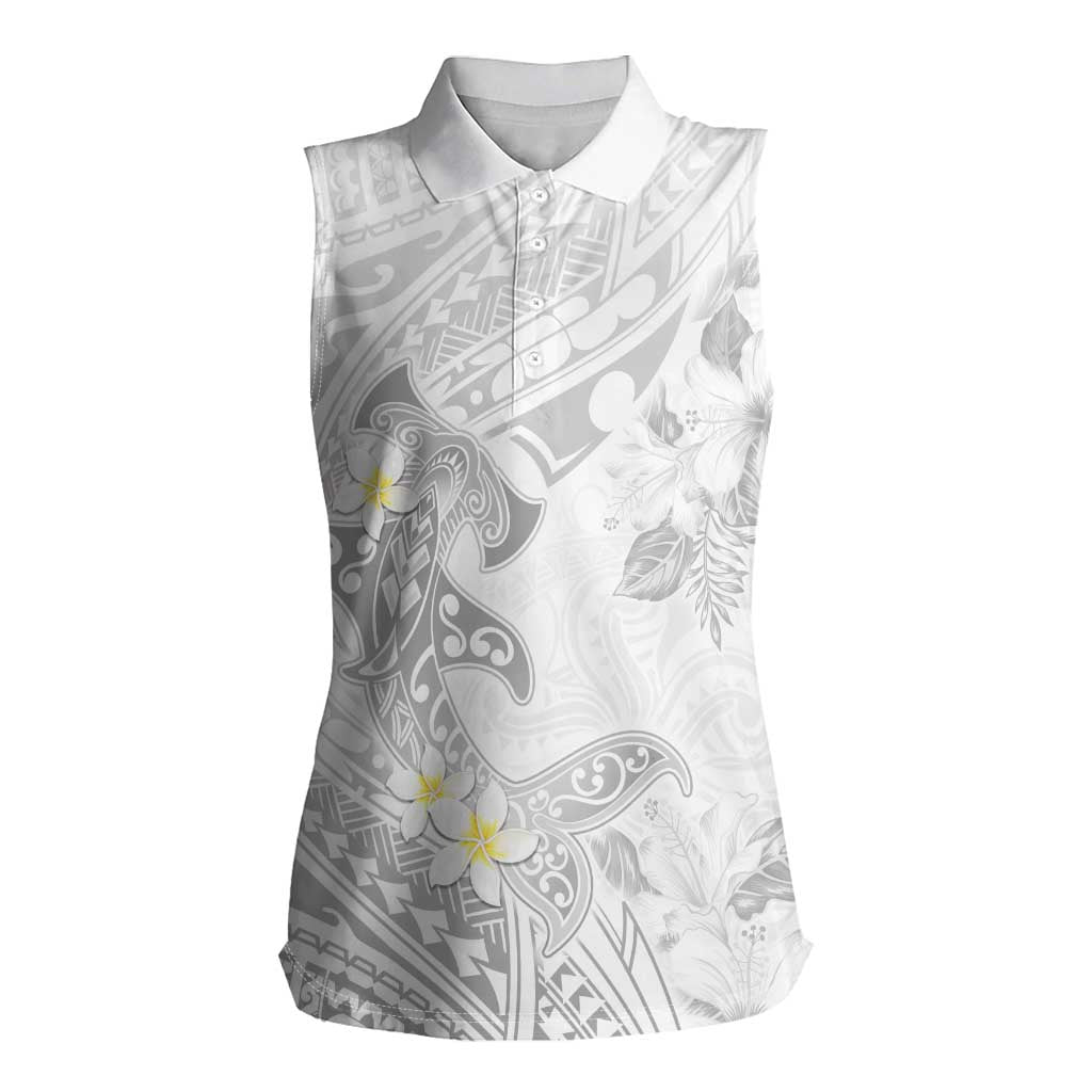 Polynesia Hammerhead Shark Women Sleeveless Polo Shirt Tropical Flowers Tribal Pattern White