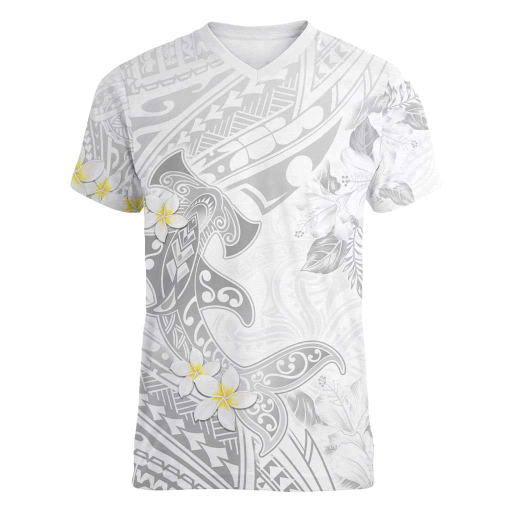 Polynesia Hammerhead Shark Women V-Neck T-Shirt Tropical Flowers Tribal Pattern White LT05 Female White - Polynesian Pride