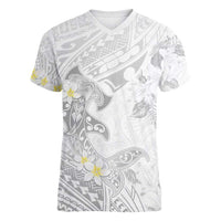 Polynesia Hammerhead Shark Women V-Neck T-Shirt Tropical Flowers Tribal Pattern White LT05 Female White - Polynesian Pride