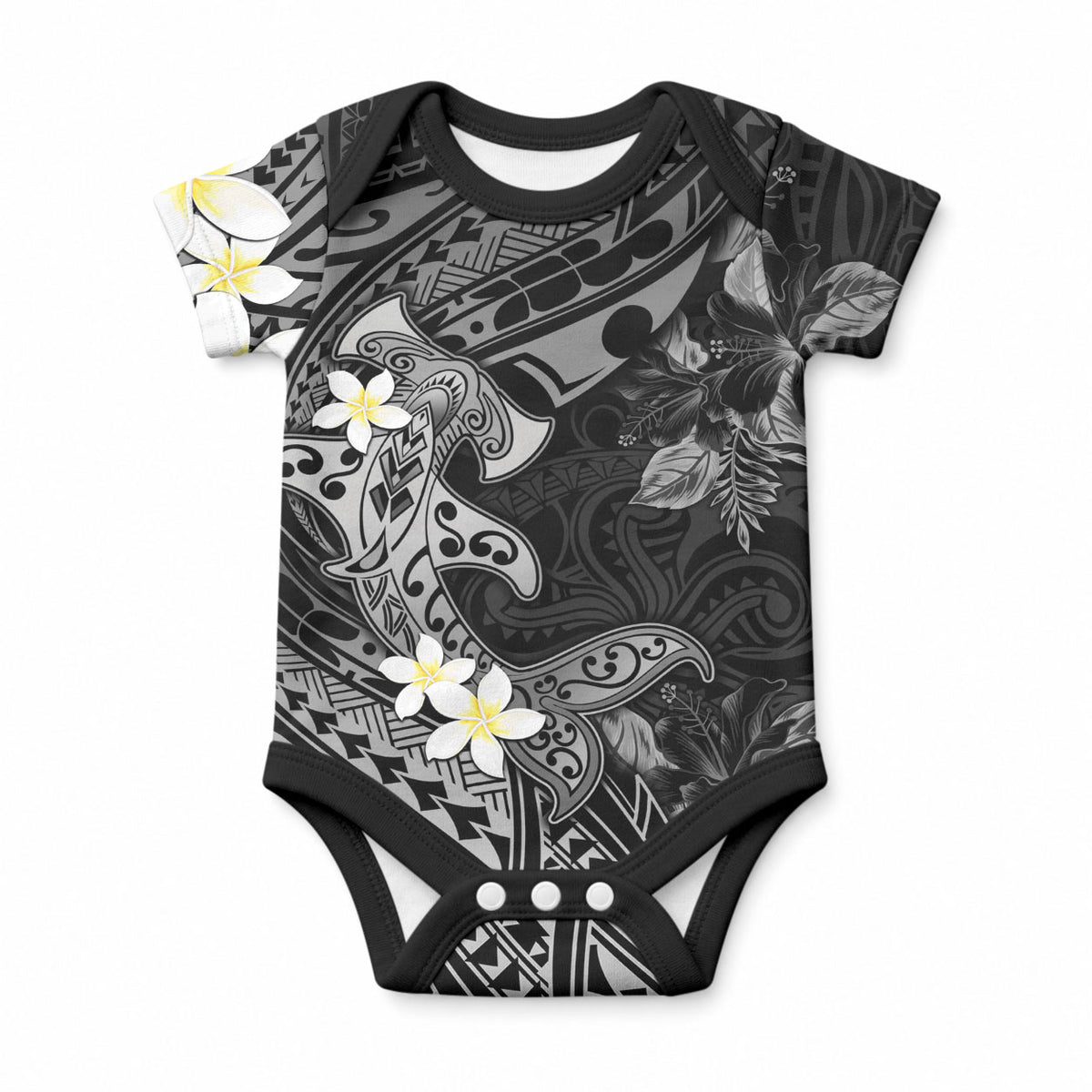 Polynesia Hammerhead Shark Baby Onesie Tropical Flowers Tribal Pattern Black LT05 Black - Polynesian Pride