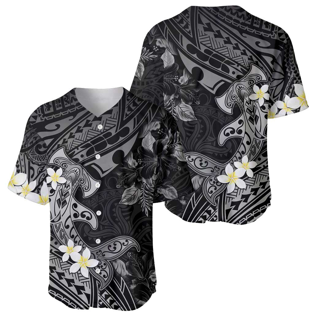 Polynesia Hammerhead Shark Baseball Jersey Tropical Flowers Tribal Pattern Black