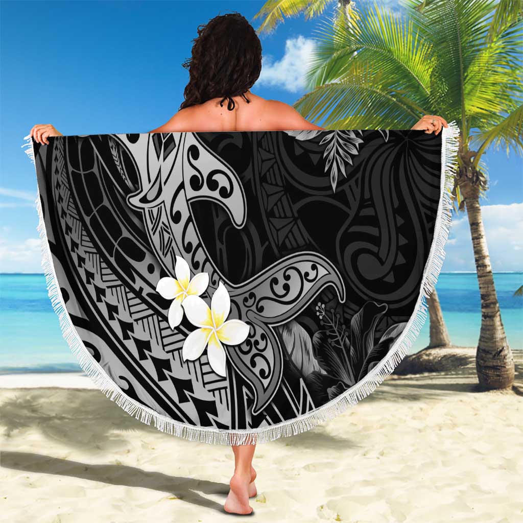 Polynesia Hammerhead Shark Beach Blanket Tropical Flowers Tribal Pattern Black
