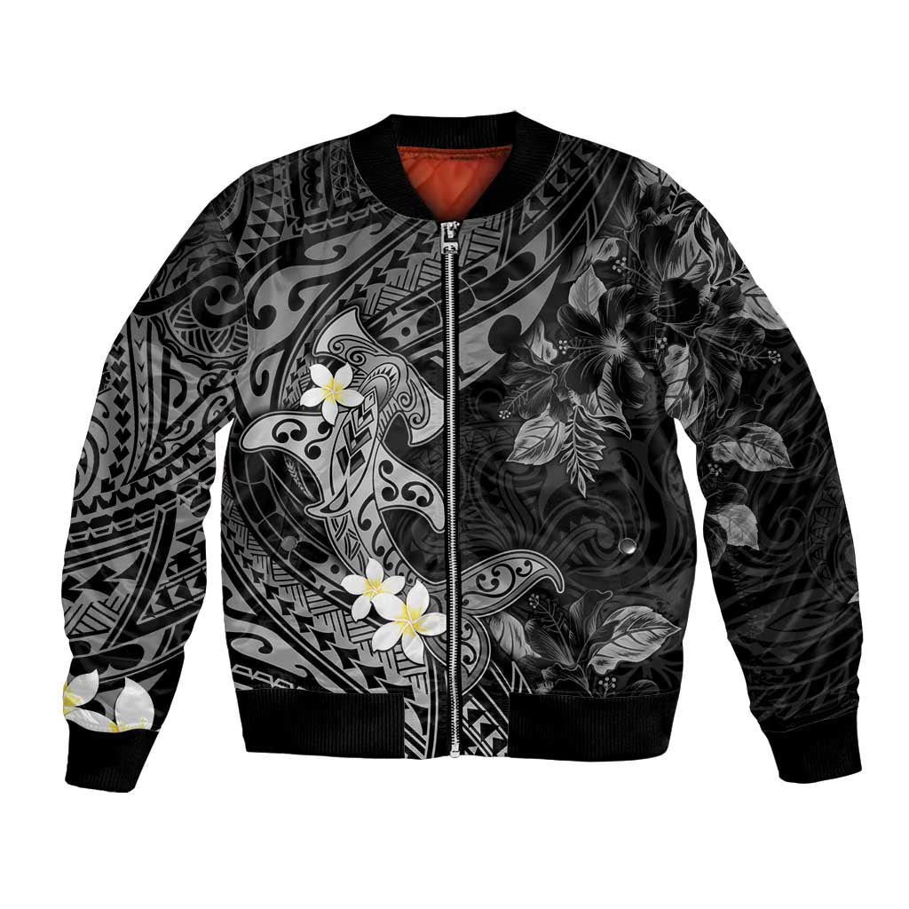 Polynesia Hammerhead Shark Bomber Jacket Tropical Flowers Tribal Pattern Black LT05 Unisex Black - Polynesian Pride