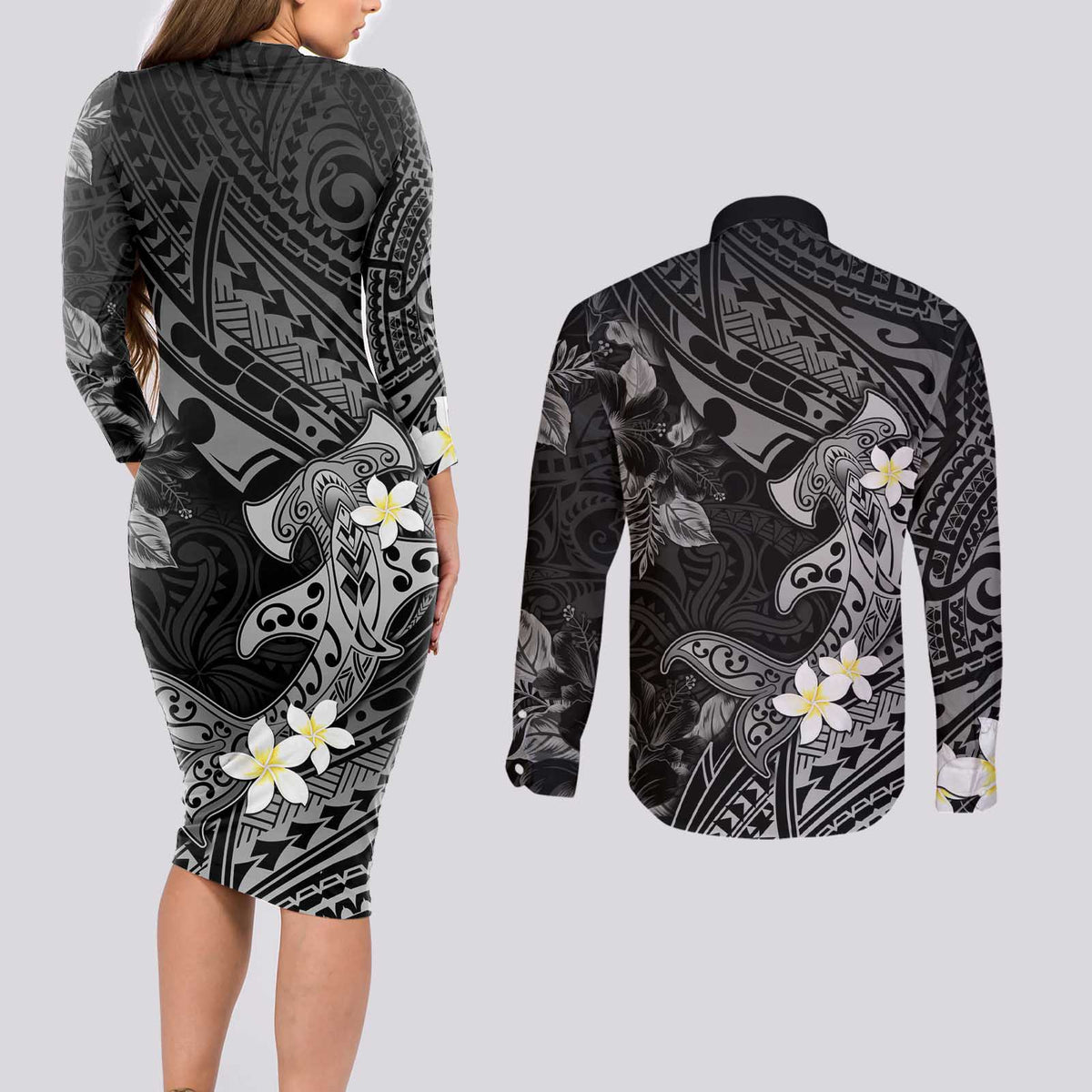 Polynesia Hammerhead Shark Couples Matching Long Sleeve Bodycon Dress and Long Sleeve Button Shirt Tropical Flowers Tribal Pattern Black