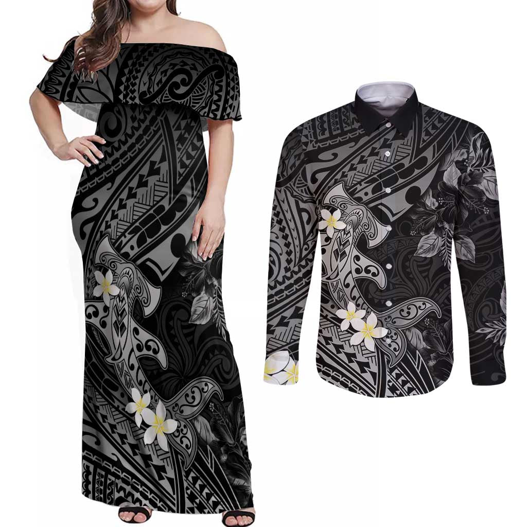 Polynesia Hammerhead Shark Couples Matching Off Shoulder Maxi Dress and Long Sleeve Button Shirt Tropical Flowers Tribal Pattern Black