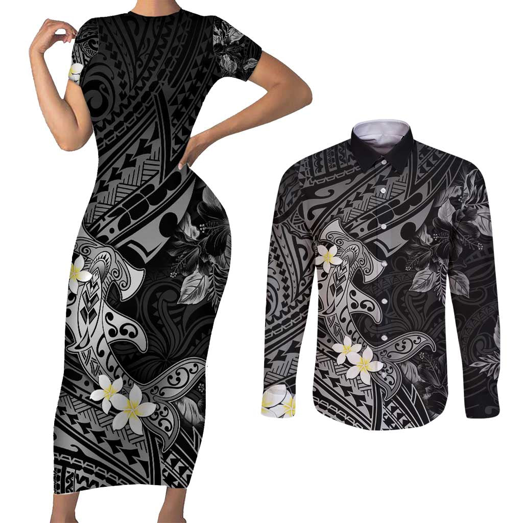 Polynesia Hammerhead Shark Couples Matching Short Sleeve Bodycon Dress and Long Sleeve Button Shirt Tropical Flowers Tribal Pattern Black