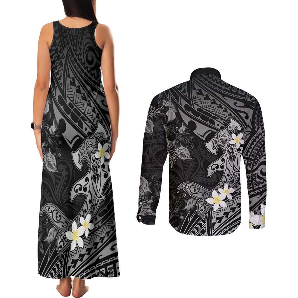 Polynesia Hammerhead Shark Couples Matching Tank Maxi Dress and Long Sleeve Button Shirt Tropical Flowers Tribal Pattern Black