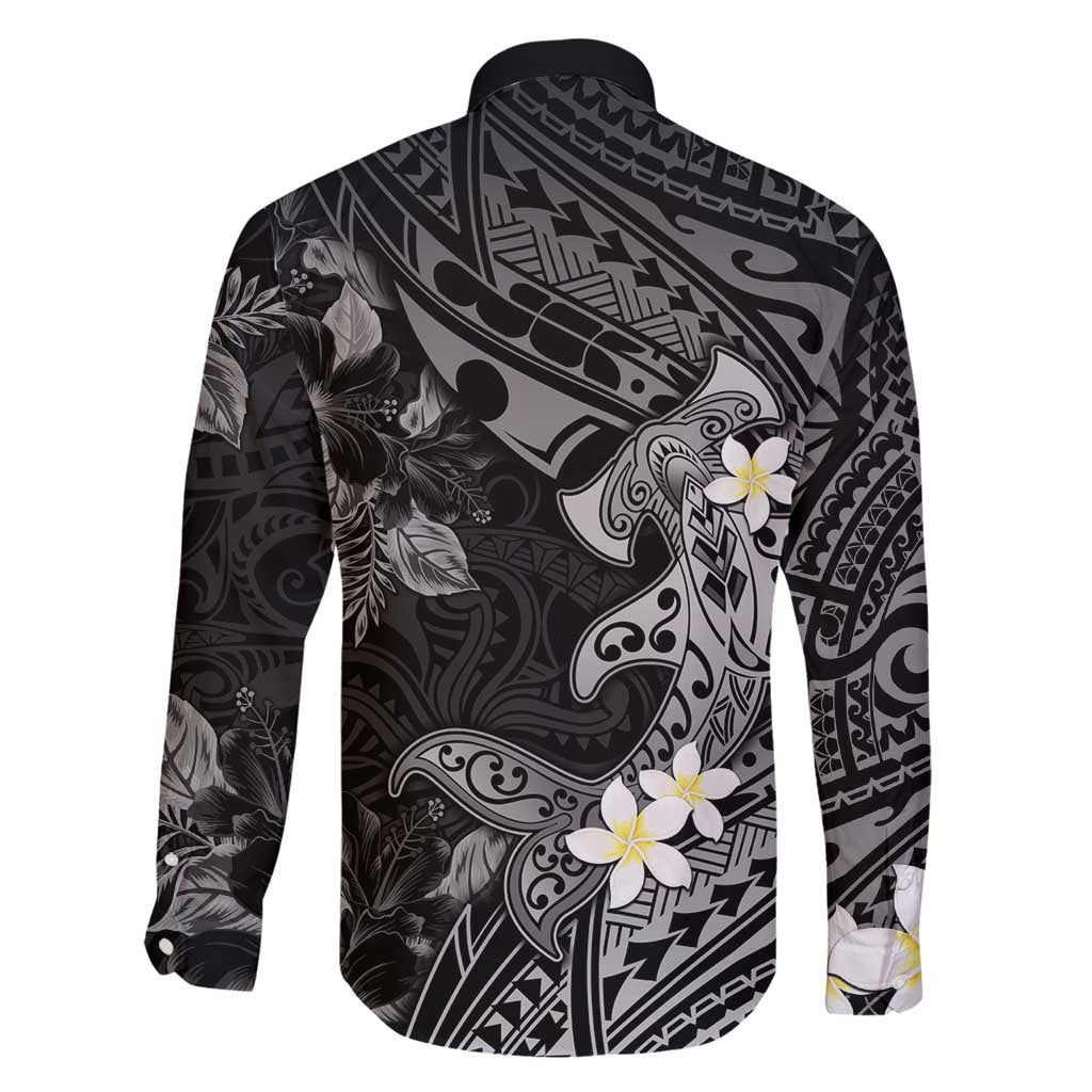 Polynesia Hammerhead Shark Family Matching Long Sleeve Bodycon Dress and Hawaiian Shirt Tropical Flowers Tribal Pattern Black