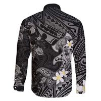 Polynesia Hammerhead Shark Family Matching Long Sleeve Bodycon Dress and Hawaiian Shirt Tropical Flowers Tribal Pattern Black