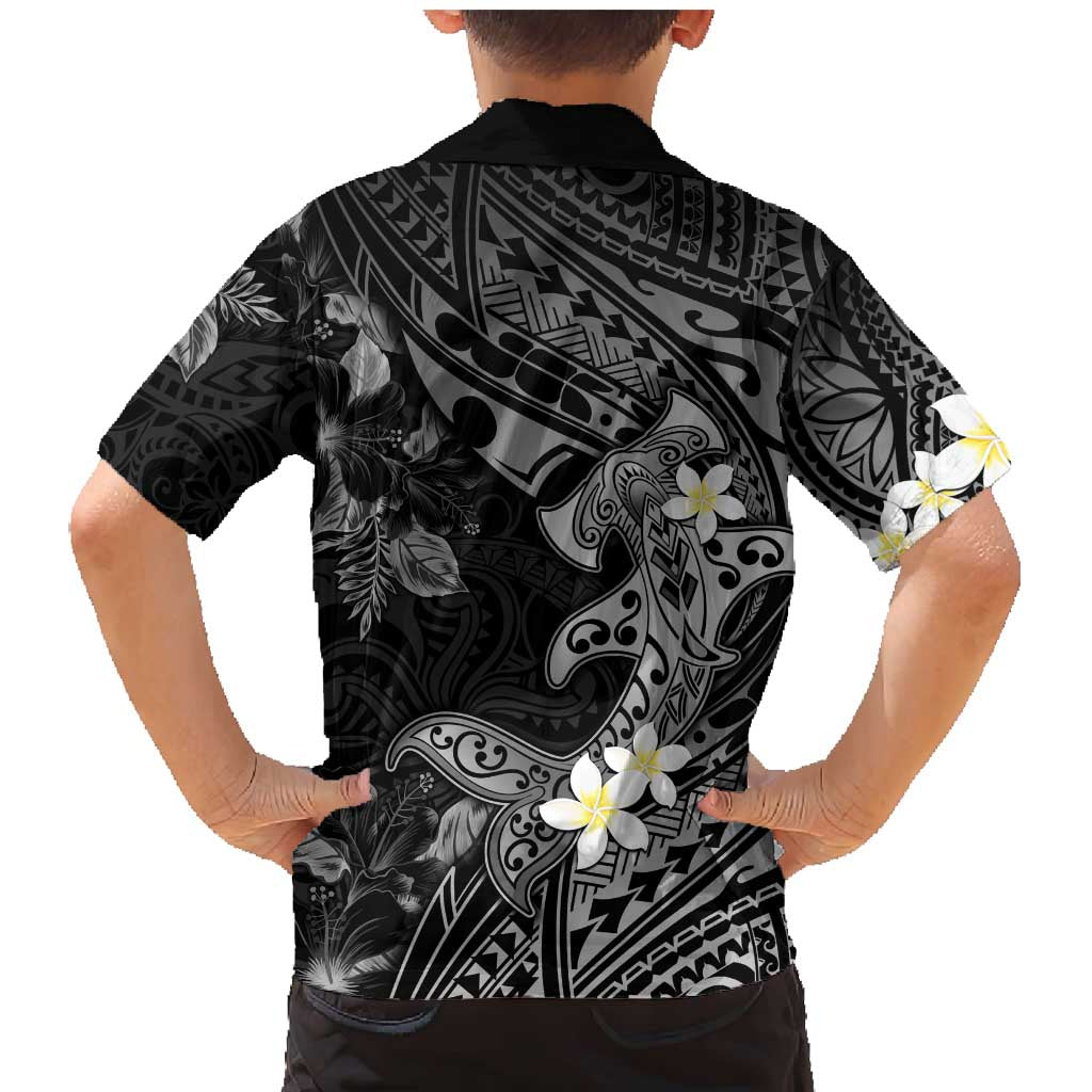 Polynesia Hammerhead Shark Family Matching Mermaid Dress and Hawaiian Shirt Tropical Flowers Tribal Pattern Black