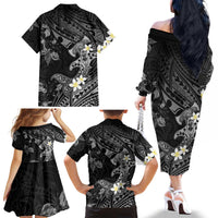 Polynesia Hammerhead Shark Family Matching Off The Shoulder Long Sleeve Dress and Hawaiian Shirt Tropical Flowers Tribal Pattern Black