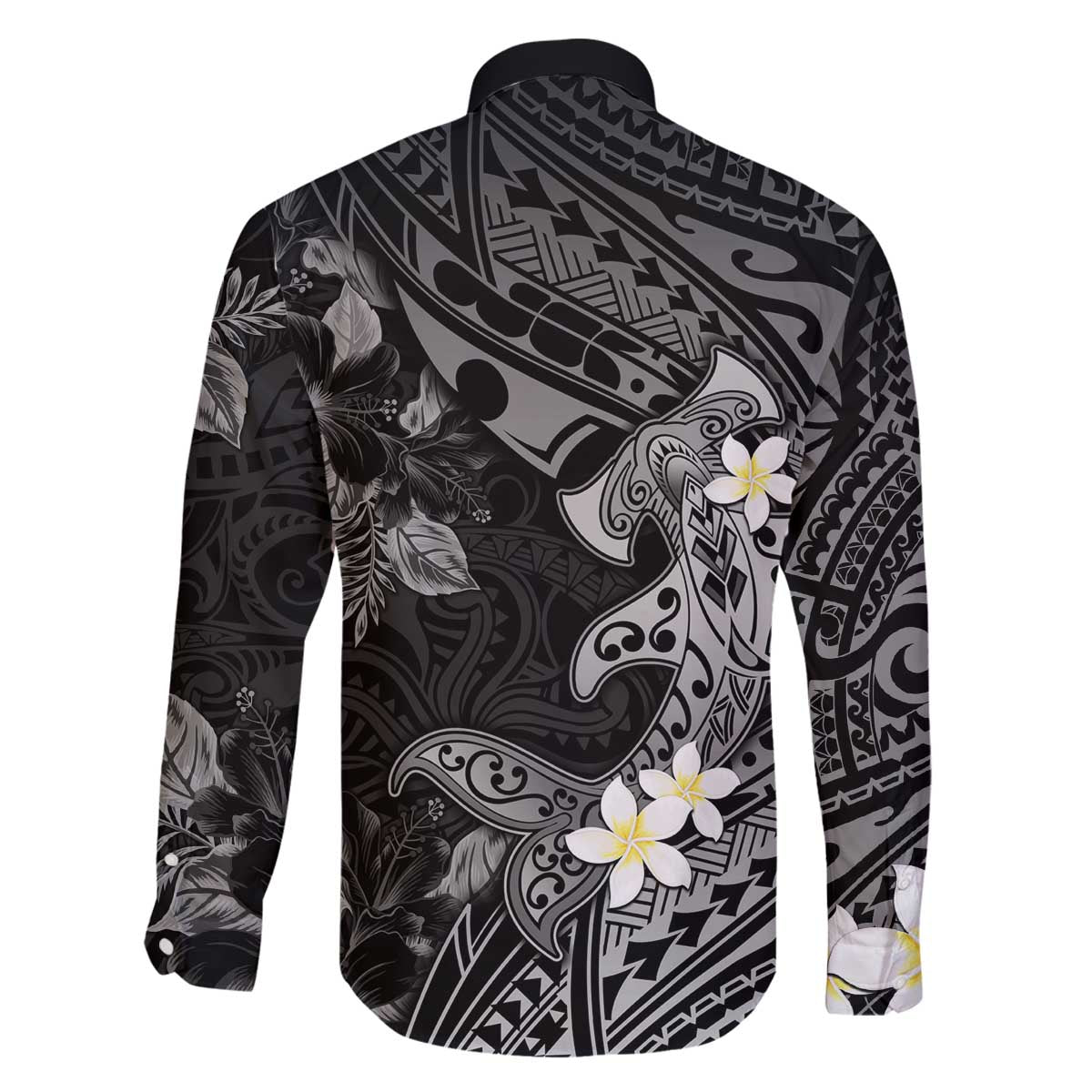 Polynesia Hammerhead Shark Family Matching Off The Shoulder Long Sleeve Dress and Hawaiian Shirt Tropical Flowers Tribal Pattern Black