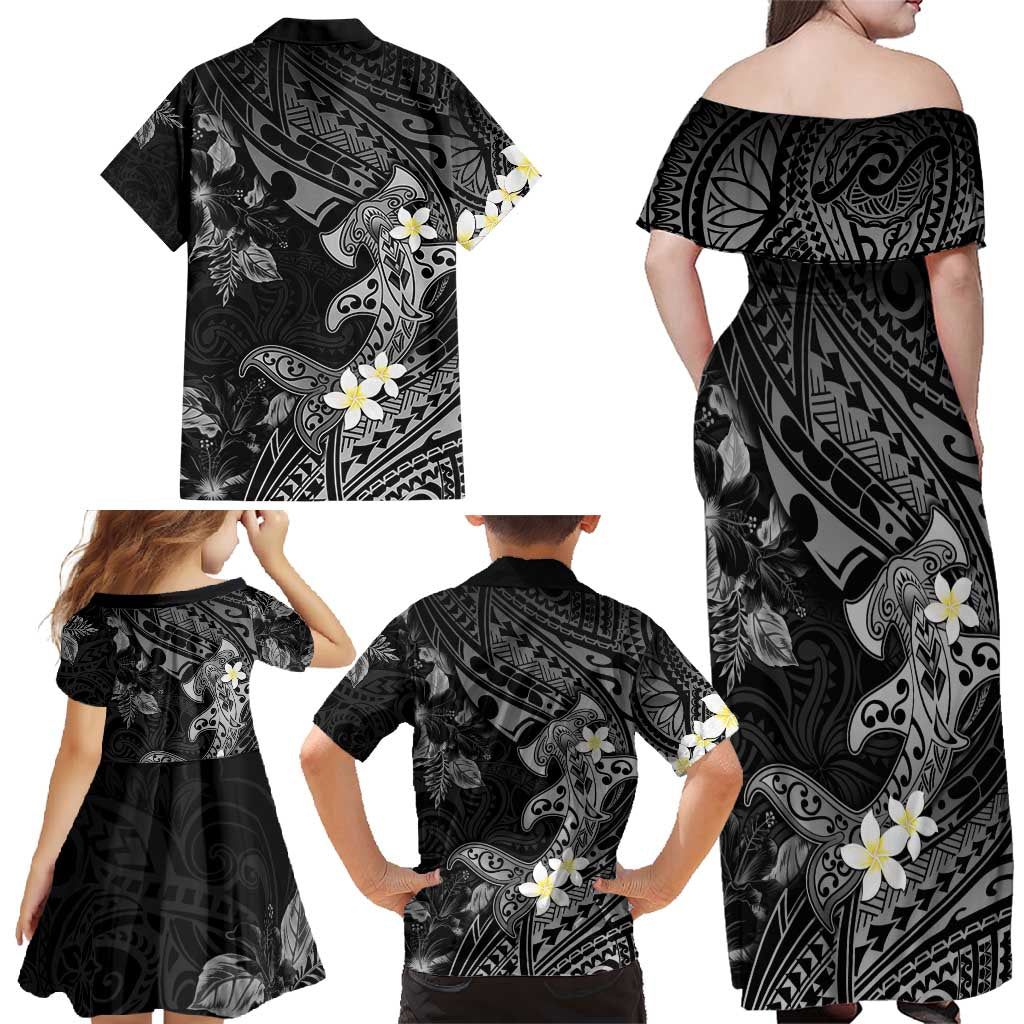 Polynesia Hammerhead Shark Family Matching Off Shoulder Maxi Dress and Hawaiian Shirt Tropical Flowers Tribal Pattern Black