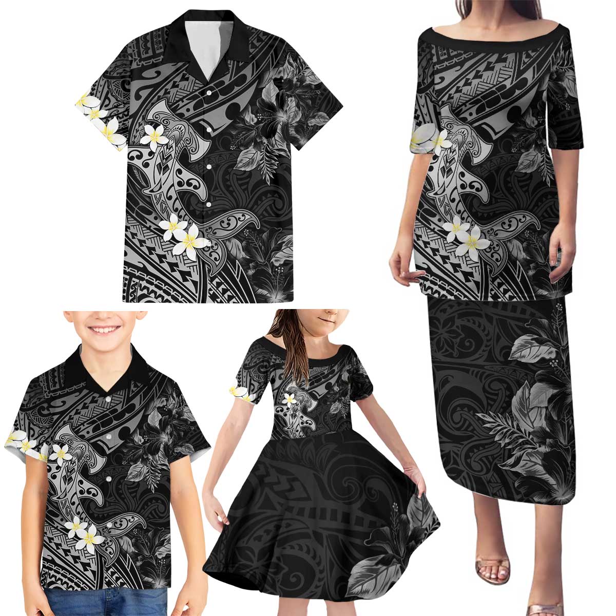 Polynesia Hammerhead Shark Family Matching Puletasi and Hawaiian Shirt Tropical Flowers Tribal Pattern Black LT05 - Polynesian Pride