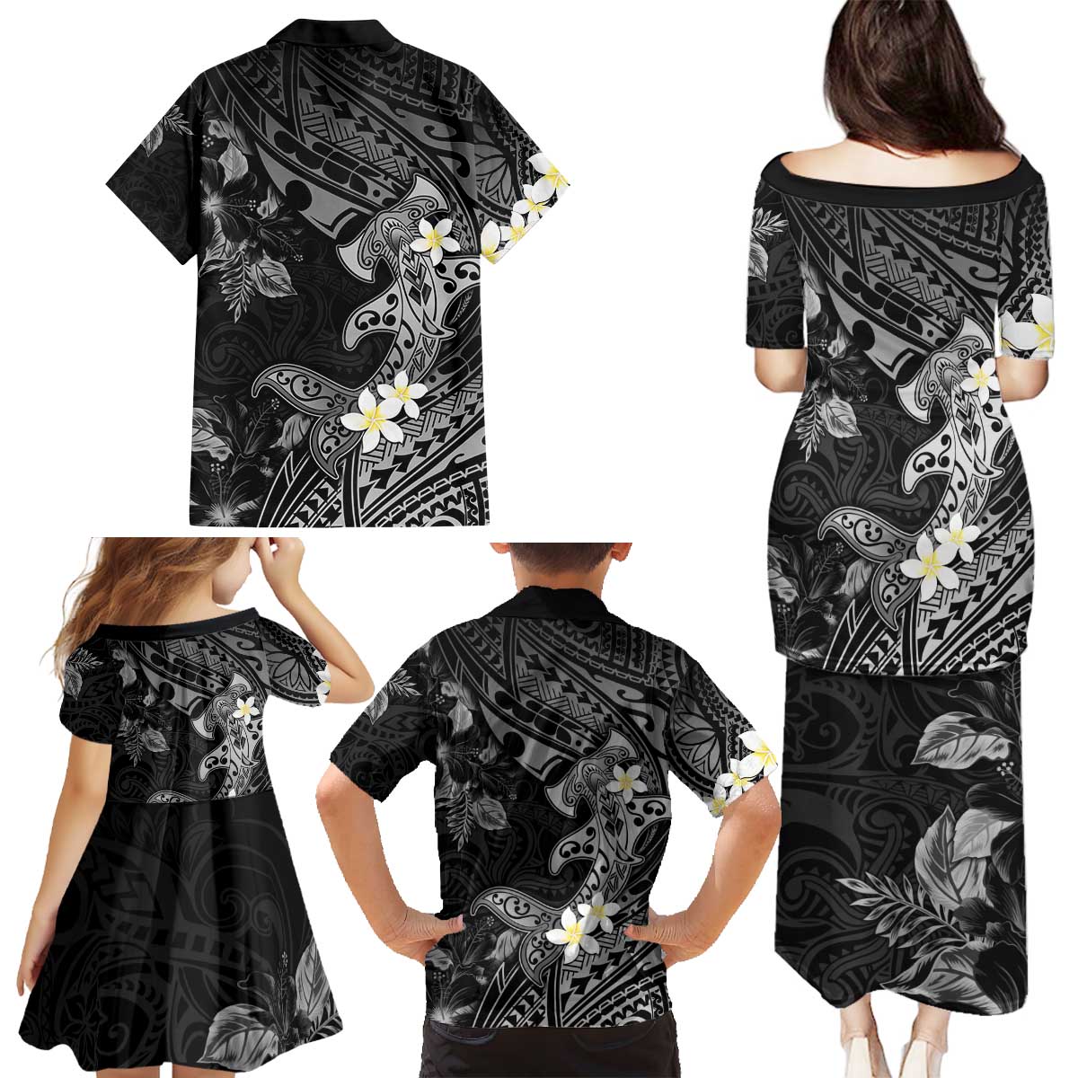 Polynesia Hammerhead Shark Family Matching Puletasi and Hawaiian Shirt Tropical Flowers Tribal Pattern Black LT05 - Polynesian Pride