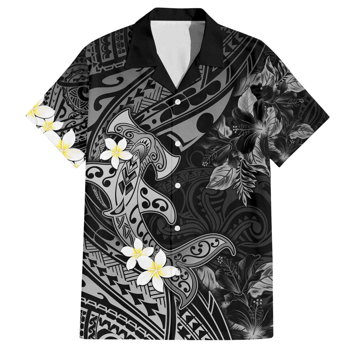 Polynesia Hammerhead Shark Family Matching Puletasi and Hawaiian Shirt Tropical Flowers Tribal Pattern Black LT05 Dad's Shirt - Short Sleeve Black - Polynesian Pride