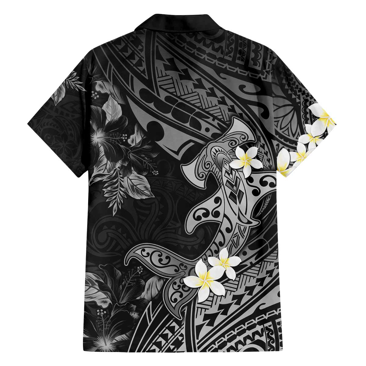Polynesia Hammerhead Shark Family Matching Puletasi and Hawaiian Shirt Tropical Flowers Tribal Pattern Black LT05 - Polynesian Pride