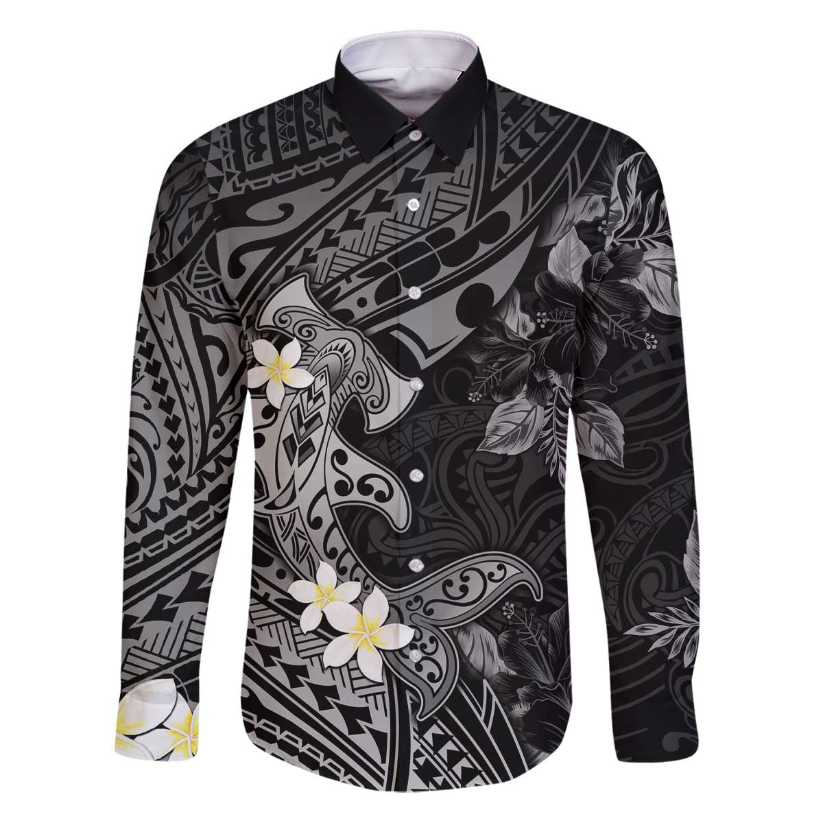 Polynesia Hammerhead Shark Family Matching Puletasi and Hawaiian Shirt Tropical Flowers Tribal Pattern Black LT05 Dad's Shirt - Long Sleeve Black - Polynesian Pride