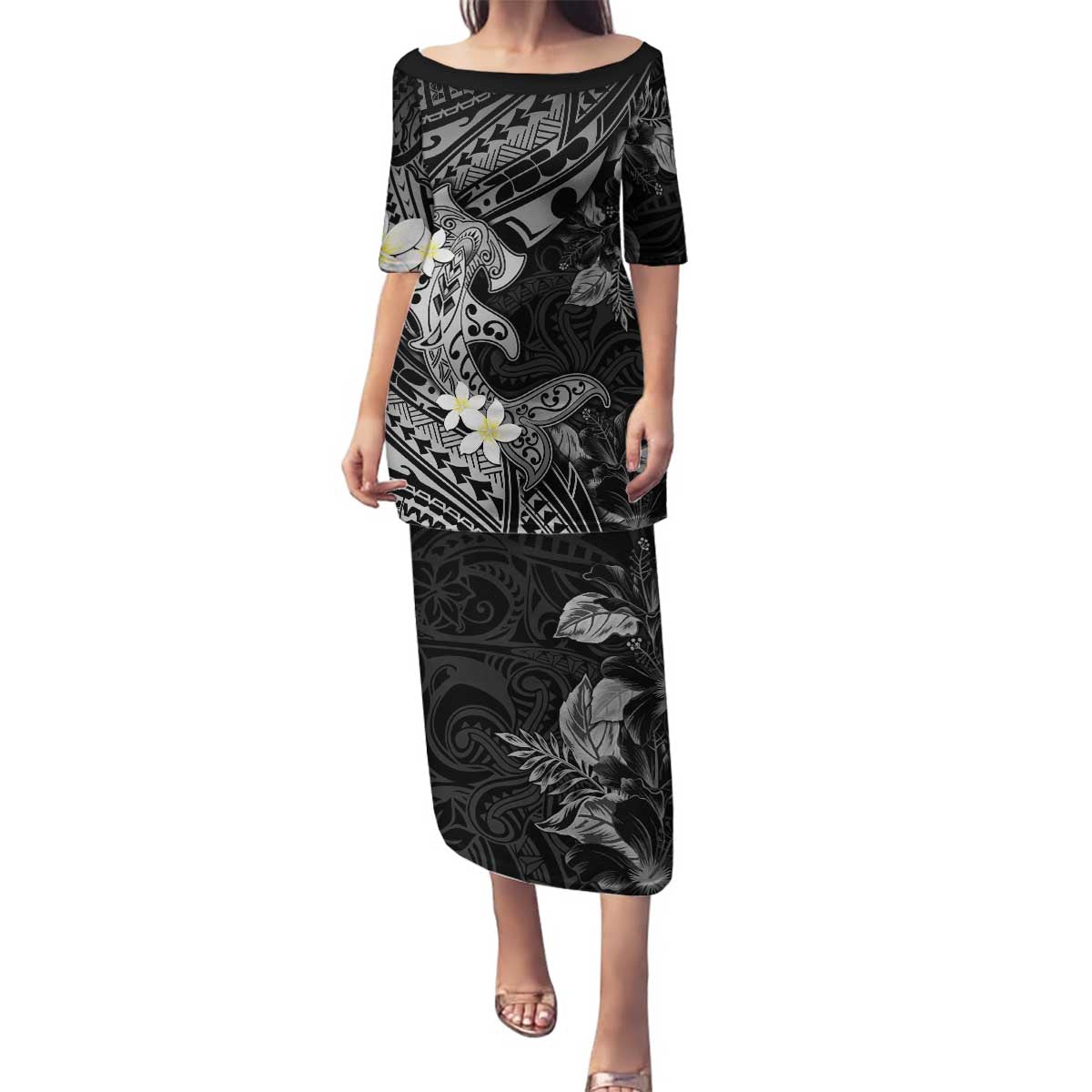 Polynesia Hammerhead Shark Family Matching Puletasi and Hawaiian Shirt Tropical Flowers Tribal Pattern Black LT05 Mom's Dress Black - Polynesian Pride