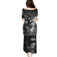 Polynesia Hammerhead Shark Family Matching Puletasi and Hawaiian Shirt Tropical Flowers Tribal Pattern Black LT05 - Polynesian Pride