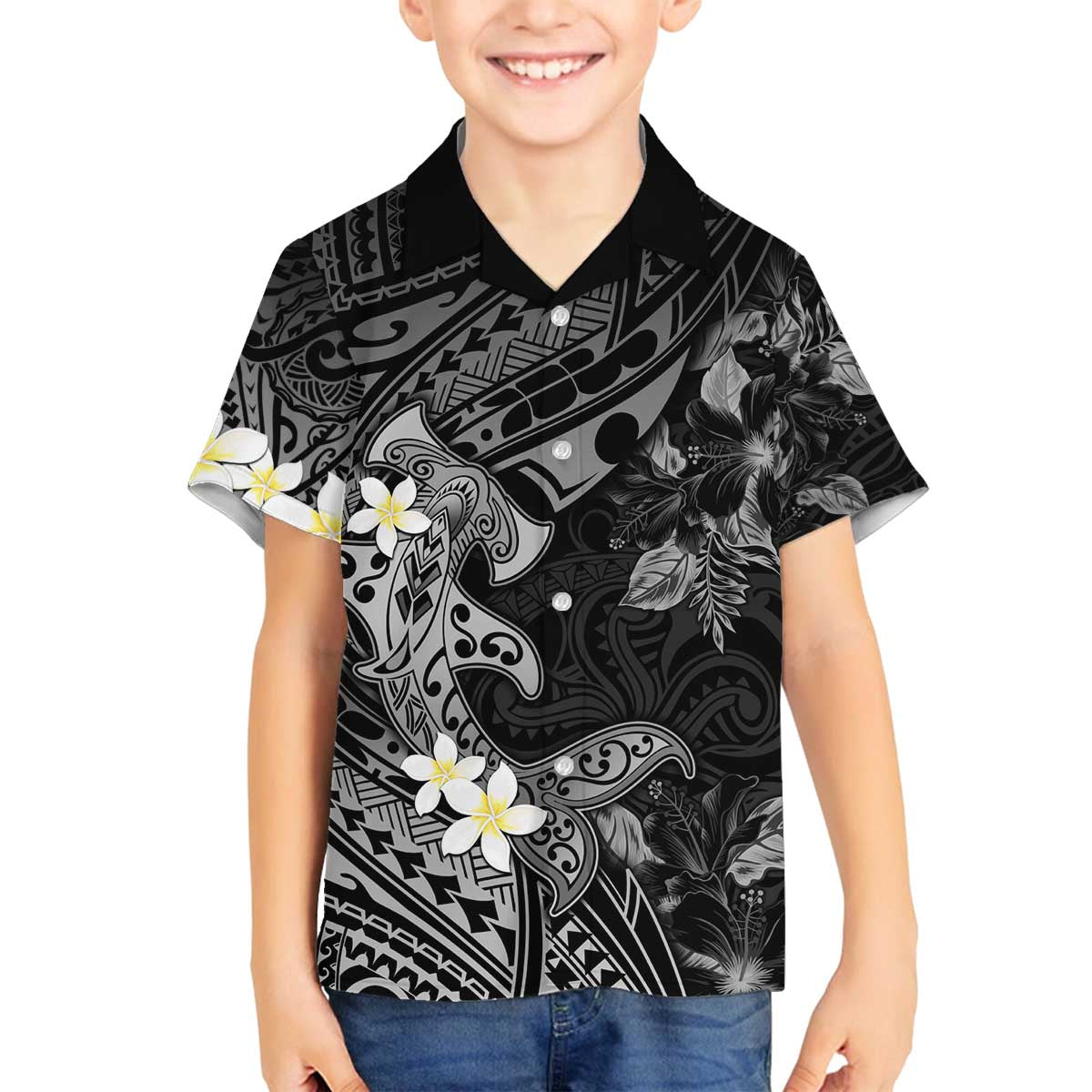 Polynesia Hammerhead Shark Family Matching Puletasi and Hawaiian Shirt Tropical Flowers Tribal Pattern Black LT05 Son's Shirt Black - Polynesian Pride