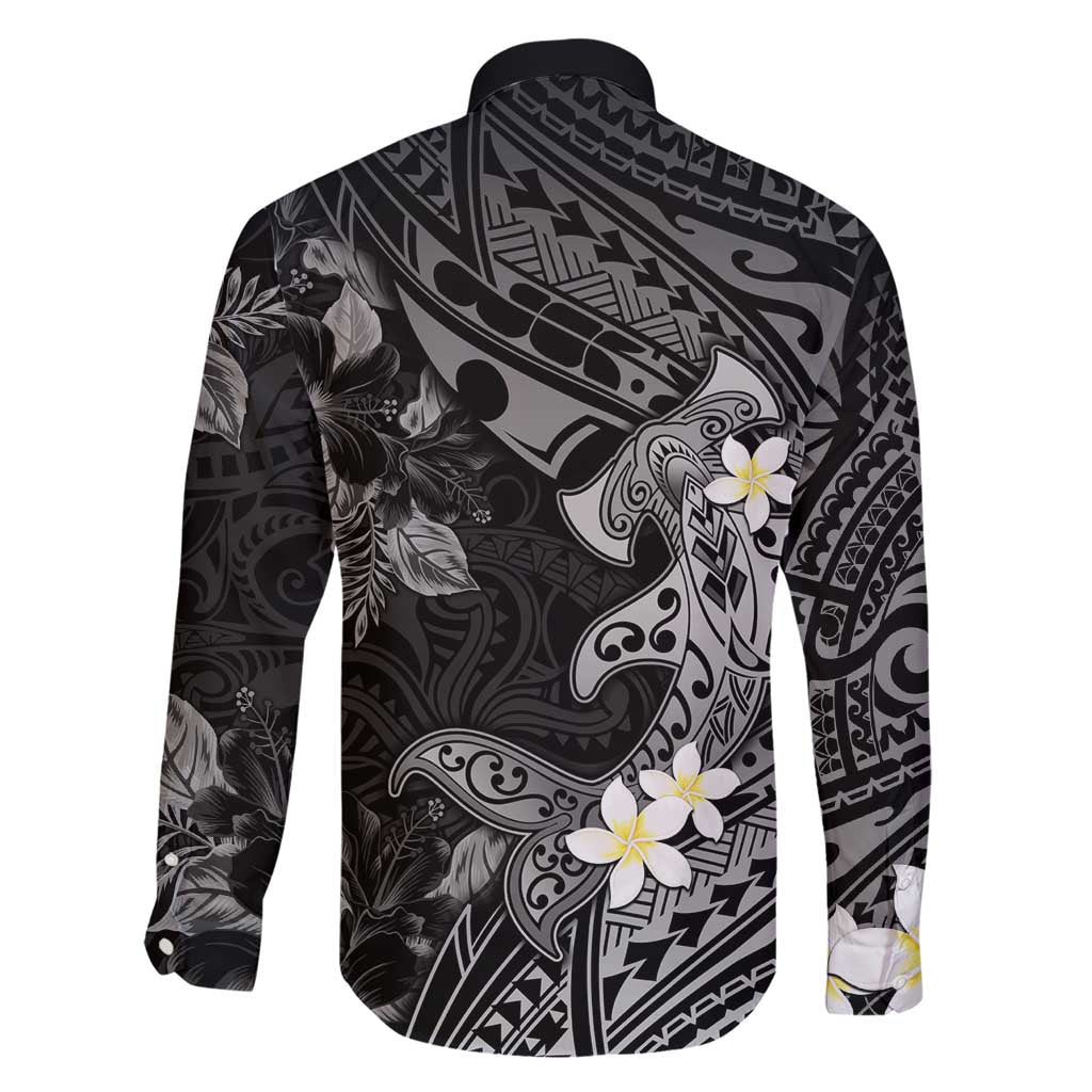 Polynesia Hammerhead Shark Family Matching Short Sleeve Bodycon Dress and Hawaiian Shirt Tropical Flowers Tribal Pattern Black