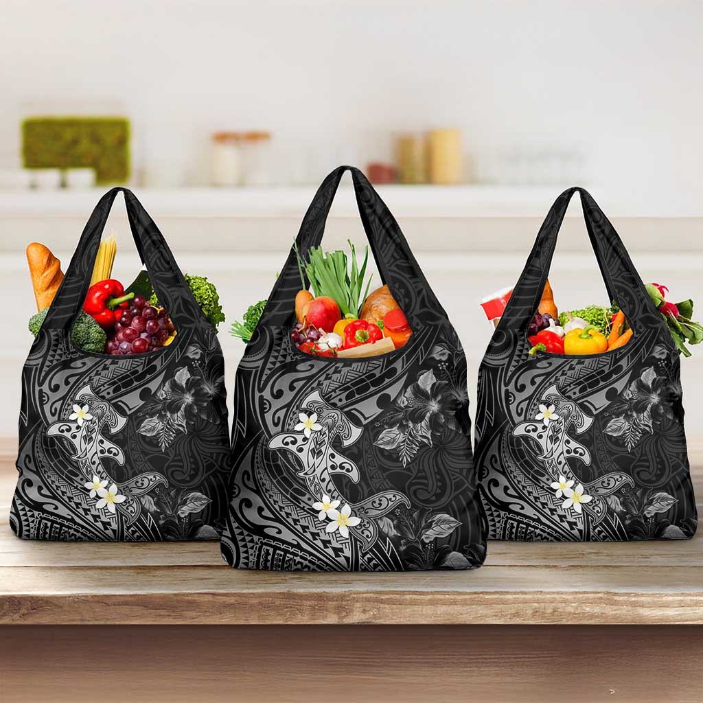 Polynesia Hammerhead Shark Grocery Bag Tropical Flowers Tribal Pattern Black