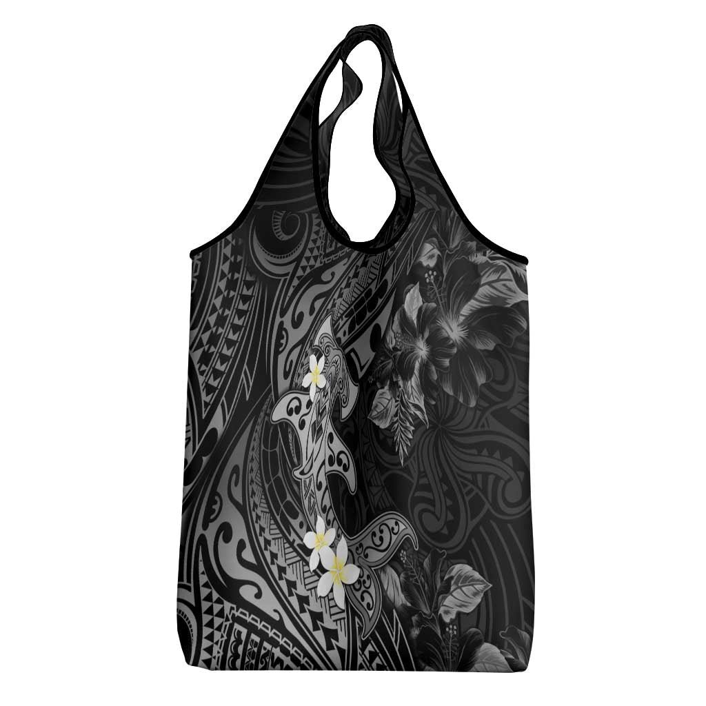 Polynesia Hammerhead Shark Grocery Bag Tropical Flowers Tribal Pattern Black