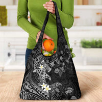 Polynesia Hammerhead Shark Grocery Bag Tropical Flowers Tribal Pattern Black