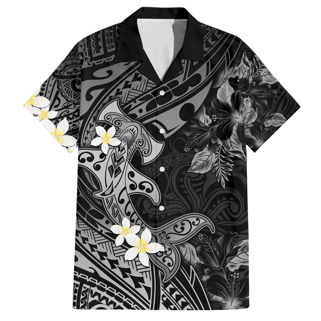 Polynesia Hammerhead Shark Hawaiian Shirt Tropical Flowers Tribal Pattern Black