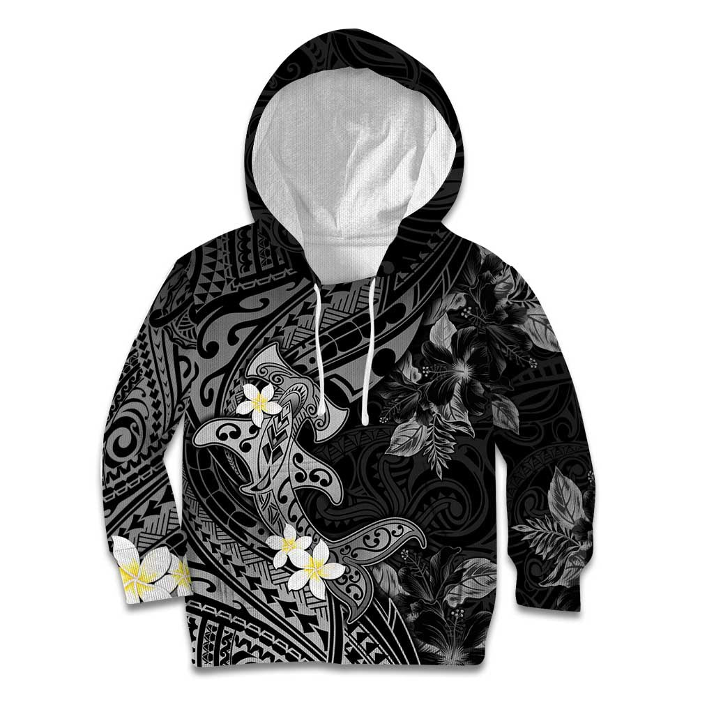 Polynesia Hammerhead Shark Kid Hoodie Tropical Flowers Tribal Pattern Black