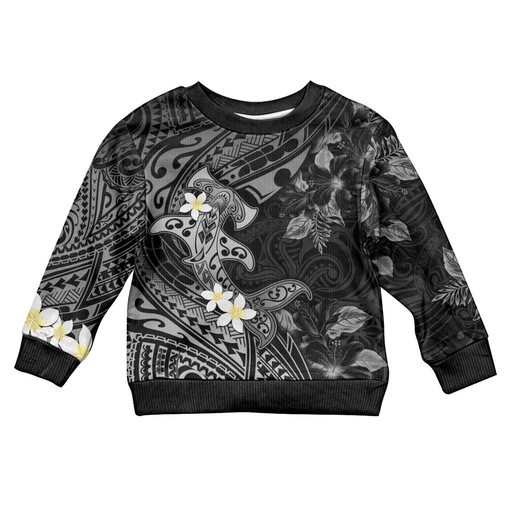 Polynesia Hammerhead Shark Kid Ugly Christmas Sweater Tropical Flowers Tribal Pattern Black
