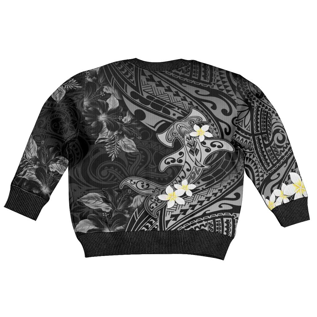 Polynesia Hammerhead Shark Kid Ugly Christmas Sweater Tropical Flowers Tribal Pattern Black
