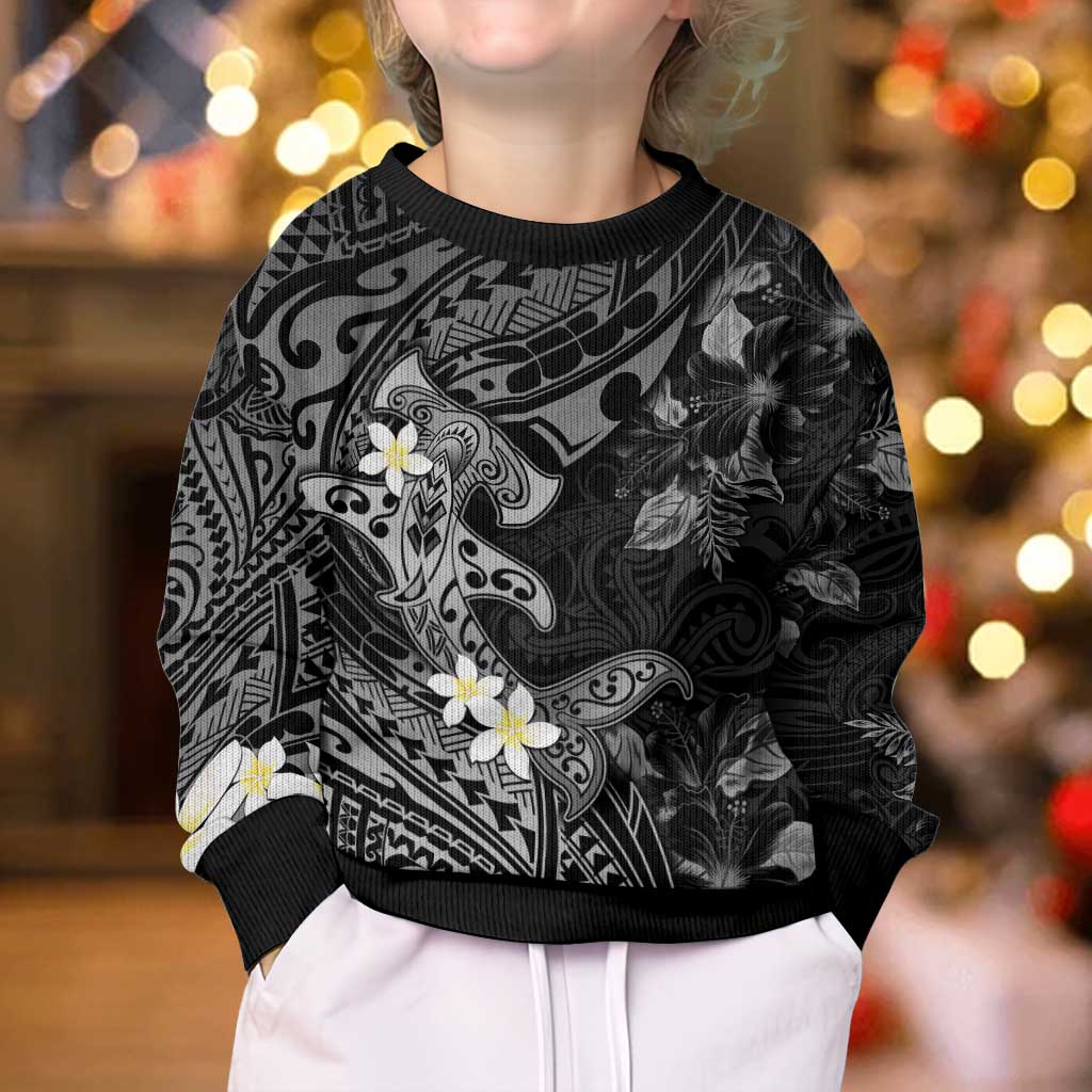 Polynesia Hammerhead Shark Kid Ugly Christmas Sweater Tropical Flowers Tribal Pattern Black