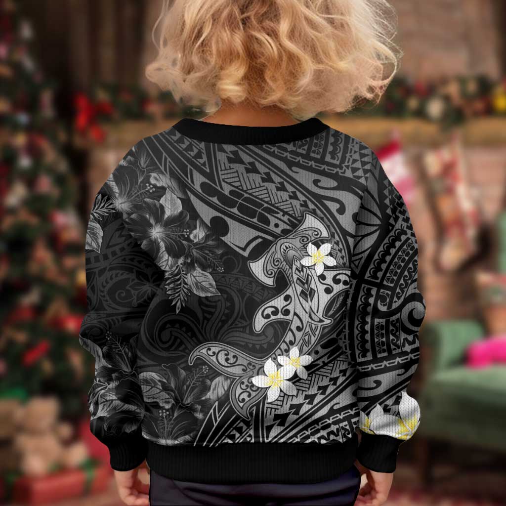 Polynesia Hammerhead Shark Kid Ugly Christmas Sweater Tropical Flowers Tribal Pattern Black