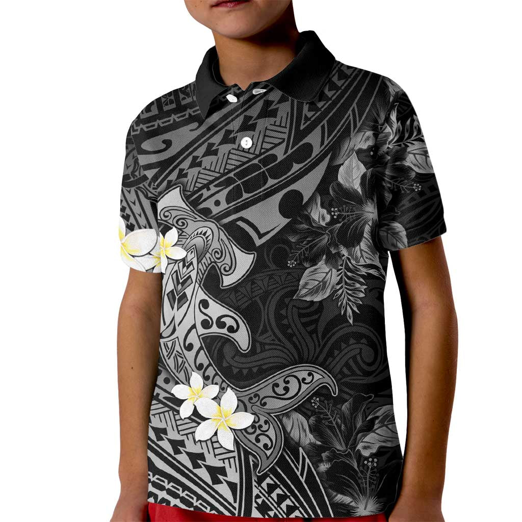 Polynesia Hammerhead Shark Kid Polo Shirt Tropical Flowers Tribal Pattern Black