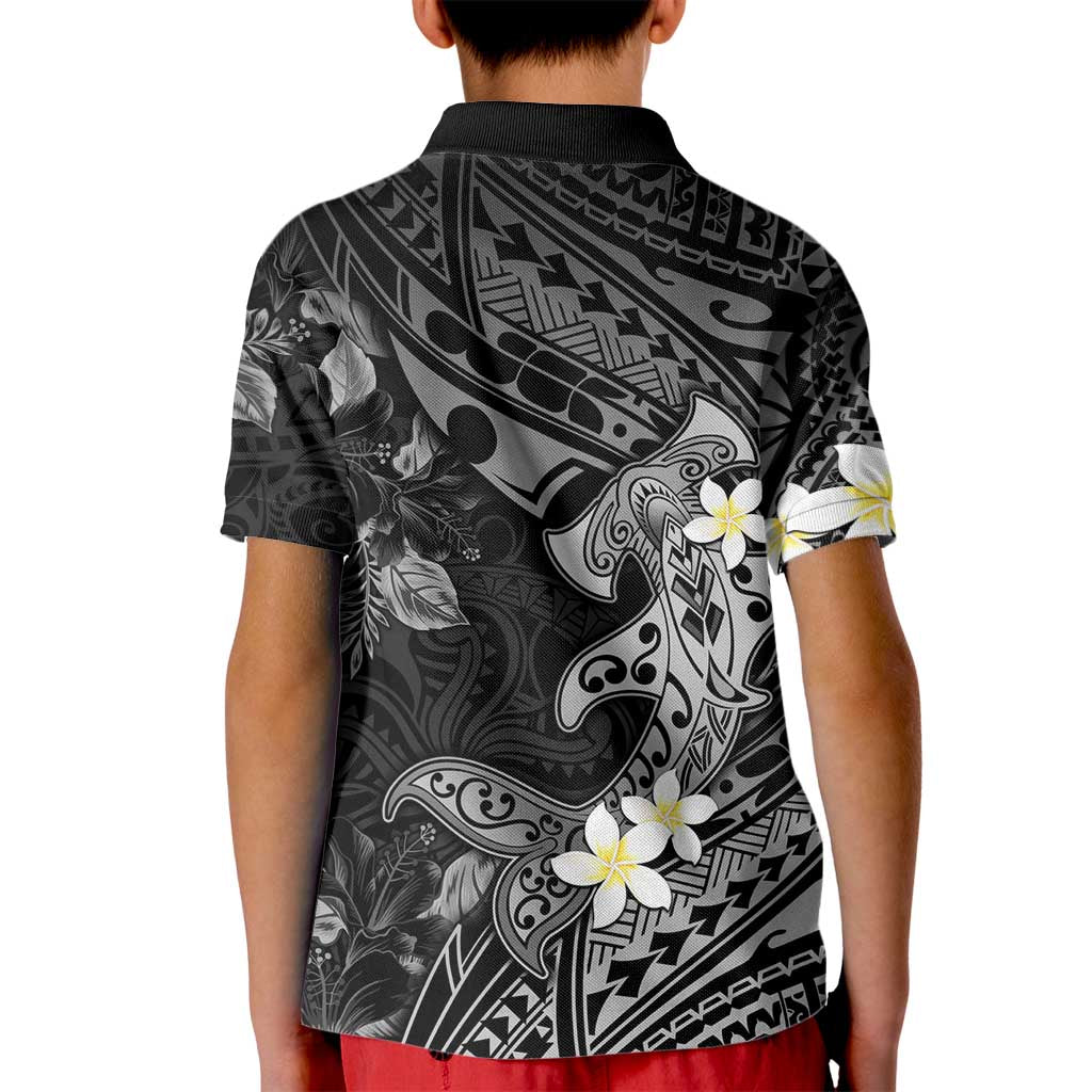 Polynesia Hammerhead Shark Kid Polo Shirt Tropical Flowers Tribal Pattern Black