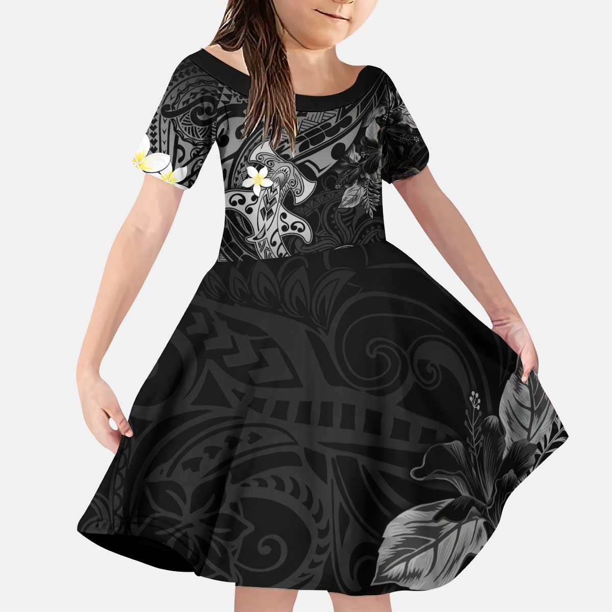 Polynesia Hammerhead Shark Kid Short Sleeve Dress Tropical Flowers Tribal Pattern Black
