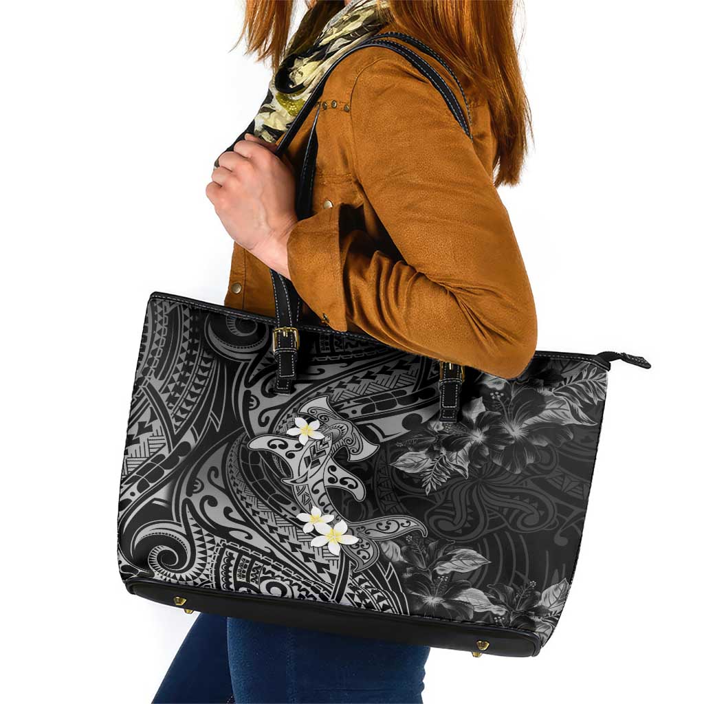 Polynesia Hammerhead Shark Leather Tote Bag Tropical Flowers Tribal Pattern Black