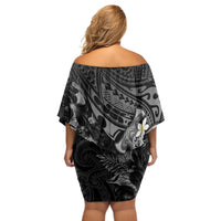 Polynesia Hammerhead Shark Off Shoulder Short Dress Tropical Flowers Tribal Pattern Black