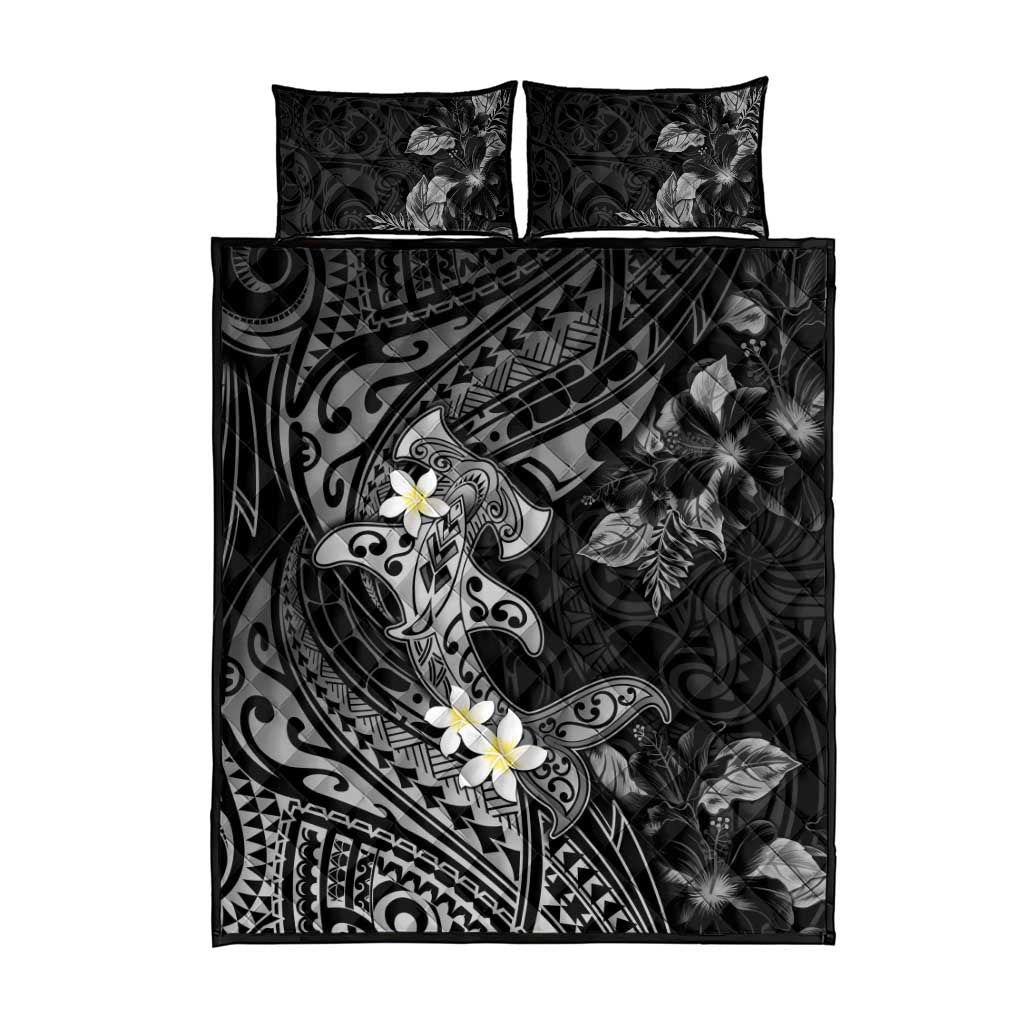 Polynesia Hammerhead Shark Quilt Bed Set Tropical Flowers Tribal Pattern Black LT05 - Polynesian Pride