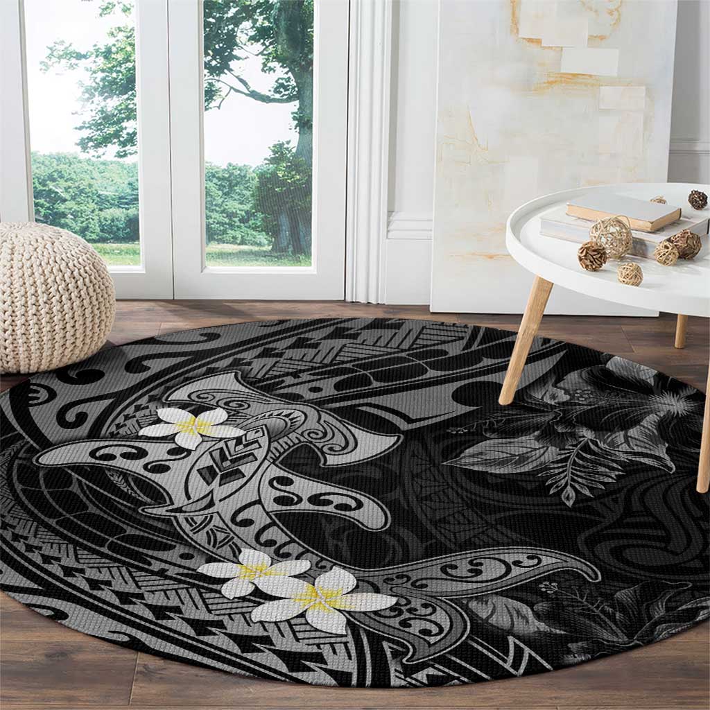 Polynesia Hammerhead Shark Round Carpet Tropical Flowers Tribal Pattern Black