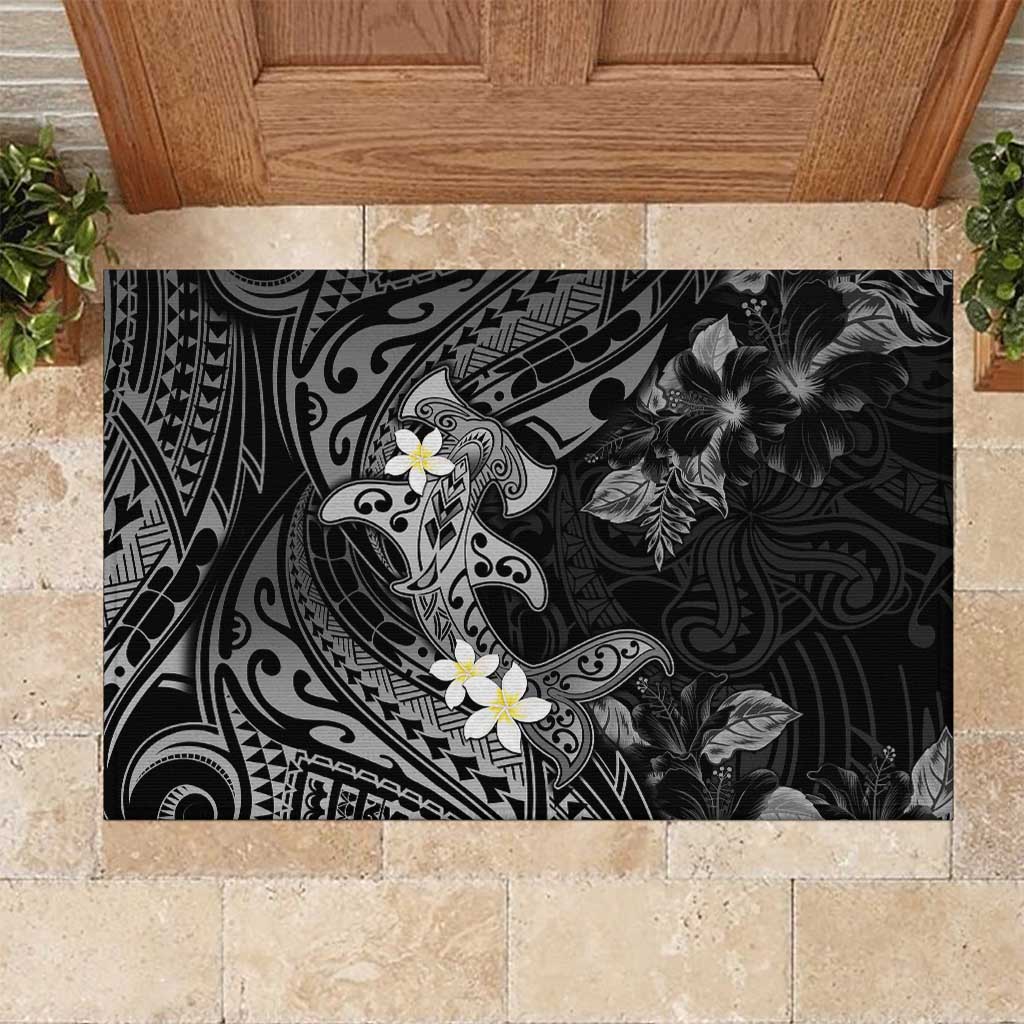 Polynesia Hammerhead Shark Rubber Doormat Tropical Flowers Tribal Pattern Black LT05 Black - Polynesian Pride