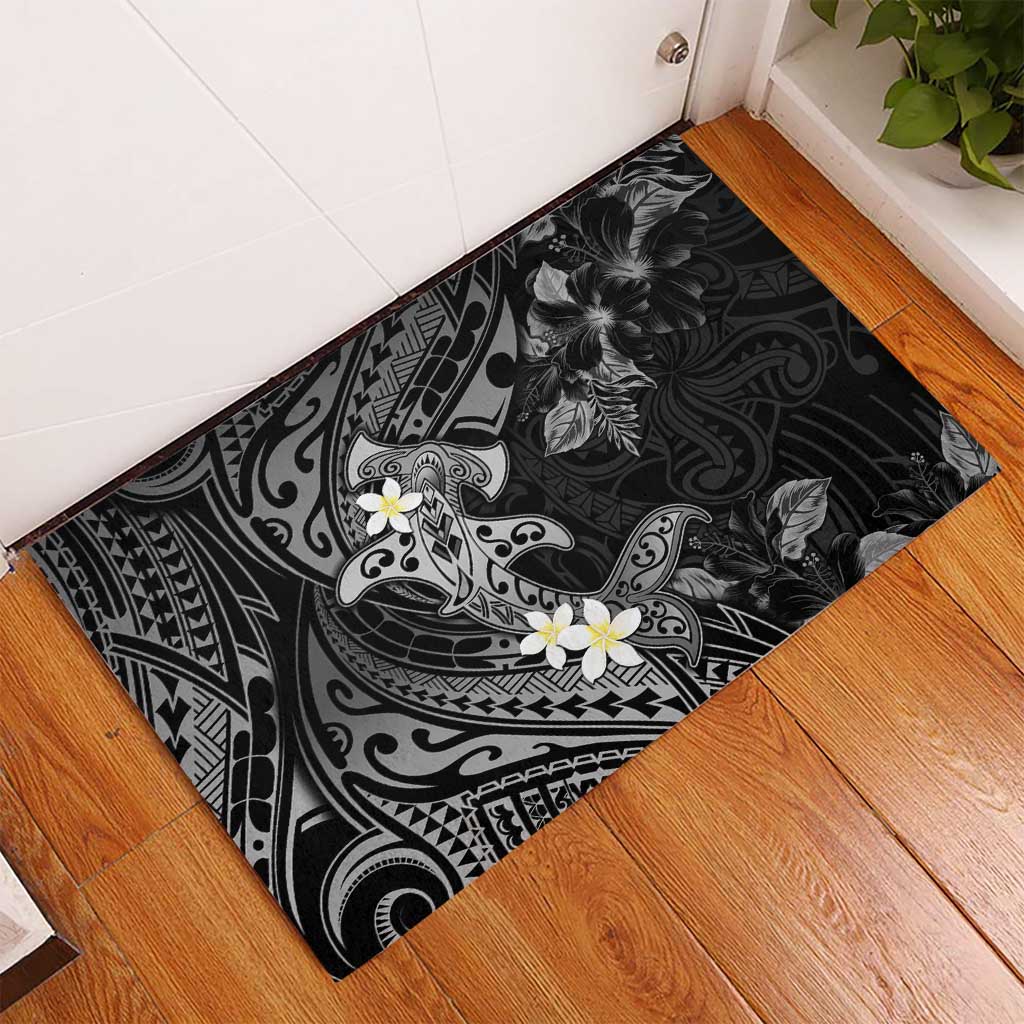 Polynesia Hammerhead Shark Rubber Doormat Tropical Flowers Tribal Pattern Black LT05 - Polynesian Pride