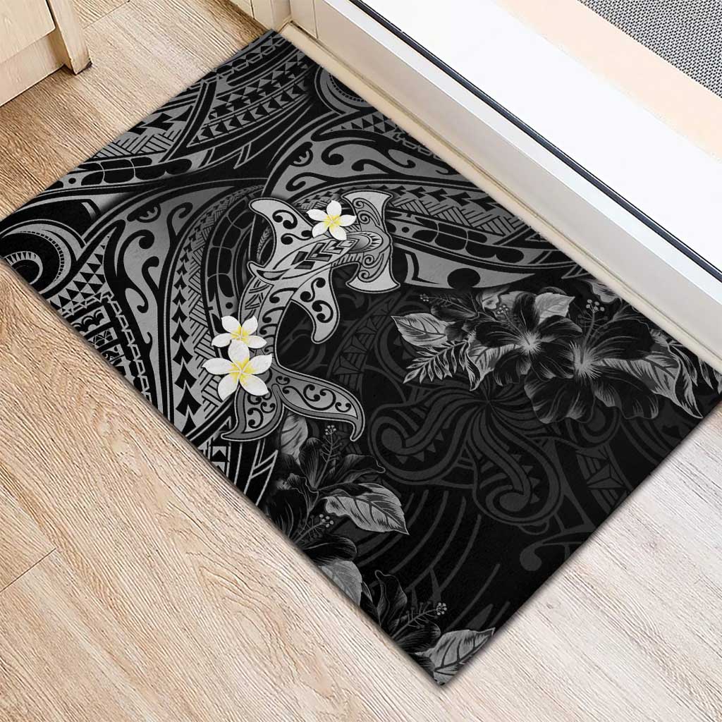 Polynesia Hammerhead Shark Rubber Doormat Tropical Flowers Tribal Pattern Black LT05 - Polynesian Pride