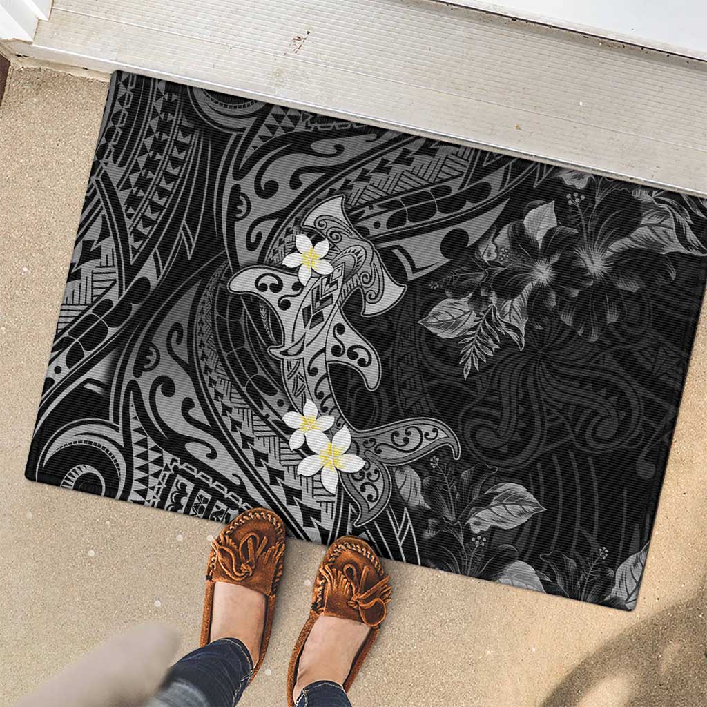 Polynesia Hammerhead Shark Rubber Doormat Tropical Flowers Tribal Pattern Black LT05 - Polynesian Pride