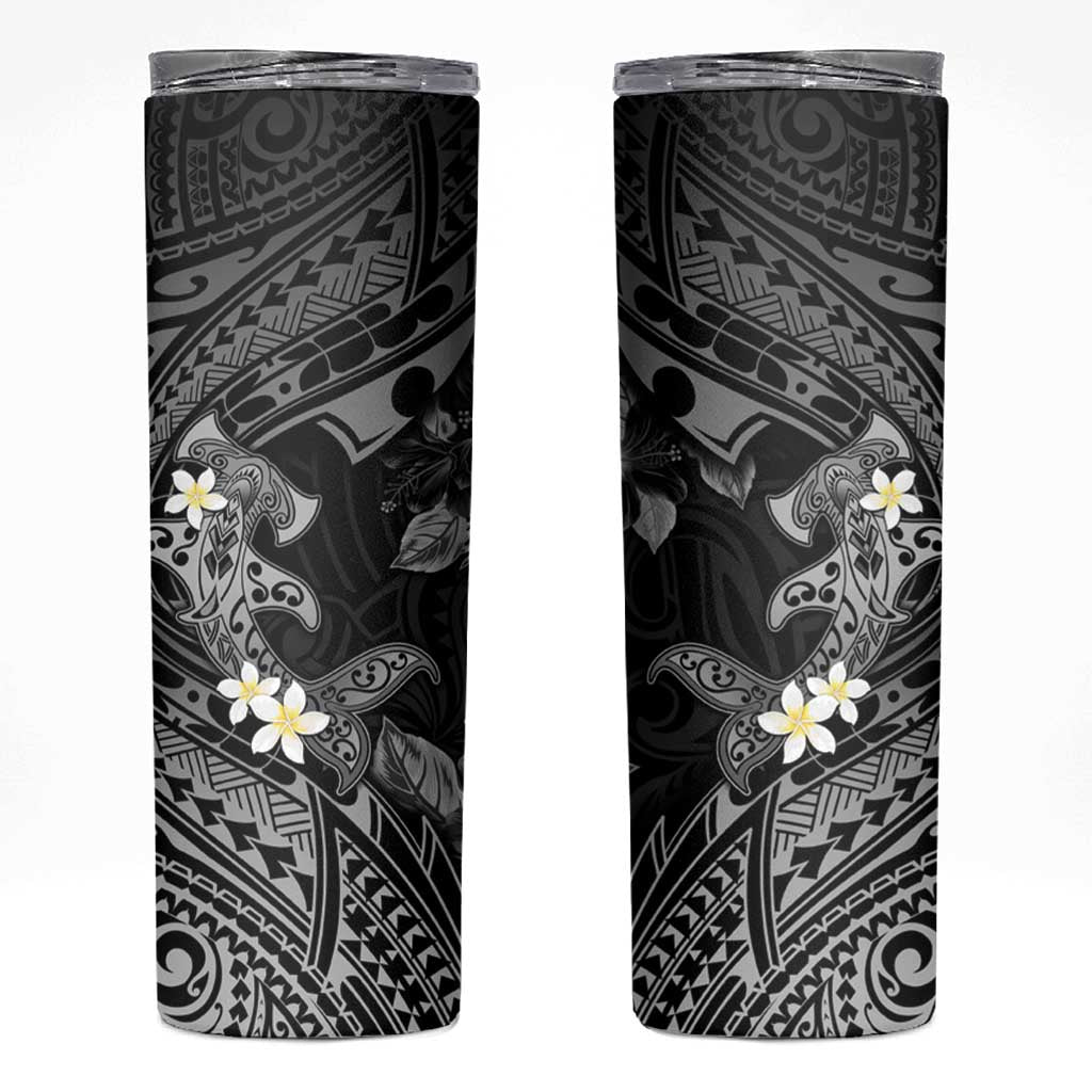 Polynesia Hammerhead Shark Skinny Tumbler Tropical Flowers Tribal Pattern Black