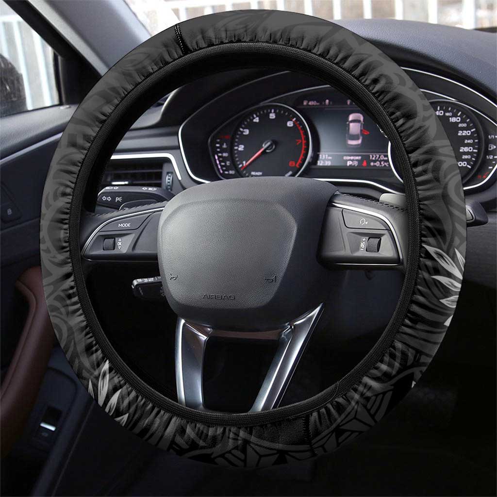 Polynesia Hammerhead Shark Steering Wheel Cover Tropical Flowers Tribal Pattern Black
