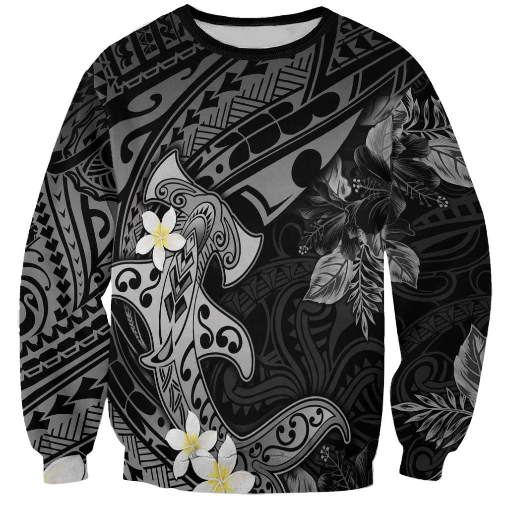 Polynesia Hammerhead Shark Sweatshirt Tropical Flowers Tribal Pattern Black LT05 Unisex Black - Polynesian Pride