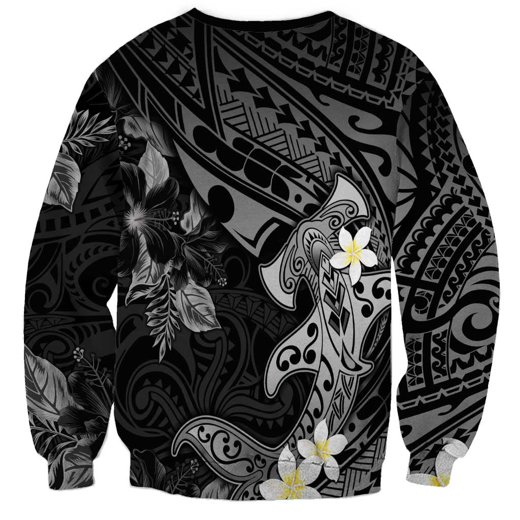 Polynesia Hammerhead Shark Sweatshirt Tropical Flowers Tribal Pattern Black LT05 - Polynesian Pride